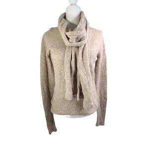 Ann Taylor LOFT Tan Beige Merino Wool Blend Attached Scarf Sweater Oversized